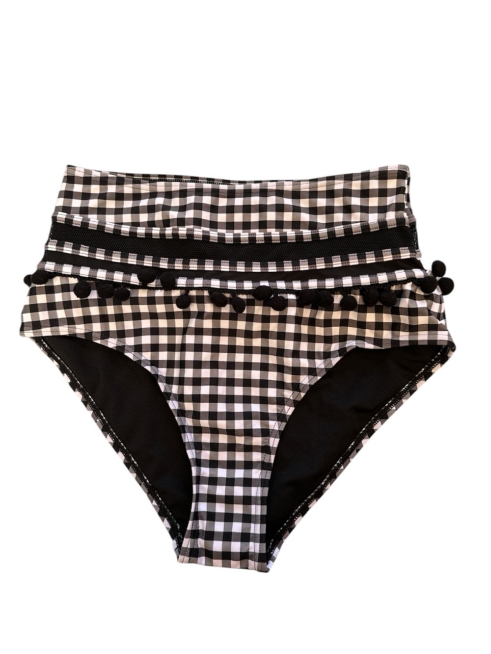 COCOSHIP High Waist Gingham Black With Pompoms Bikini Bottom Swimwear Size 6 - Picture 1 of 8